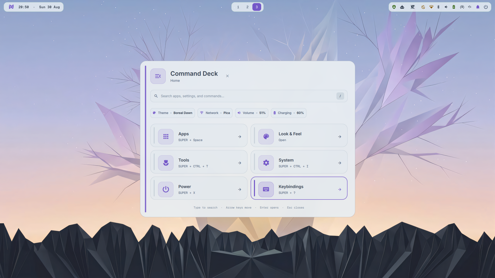 NomOS Command Deck on the Boreal Dawn theme