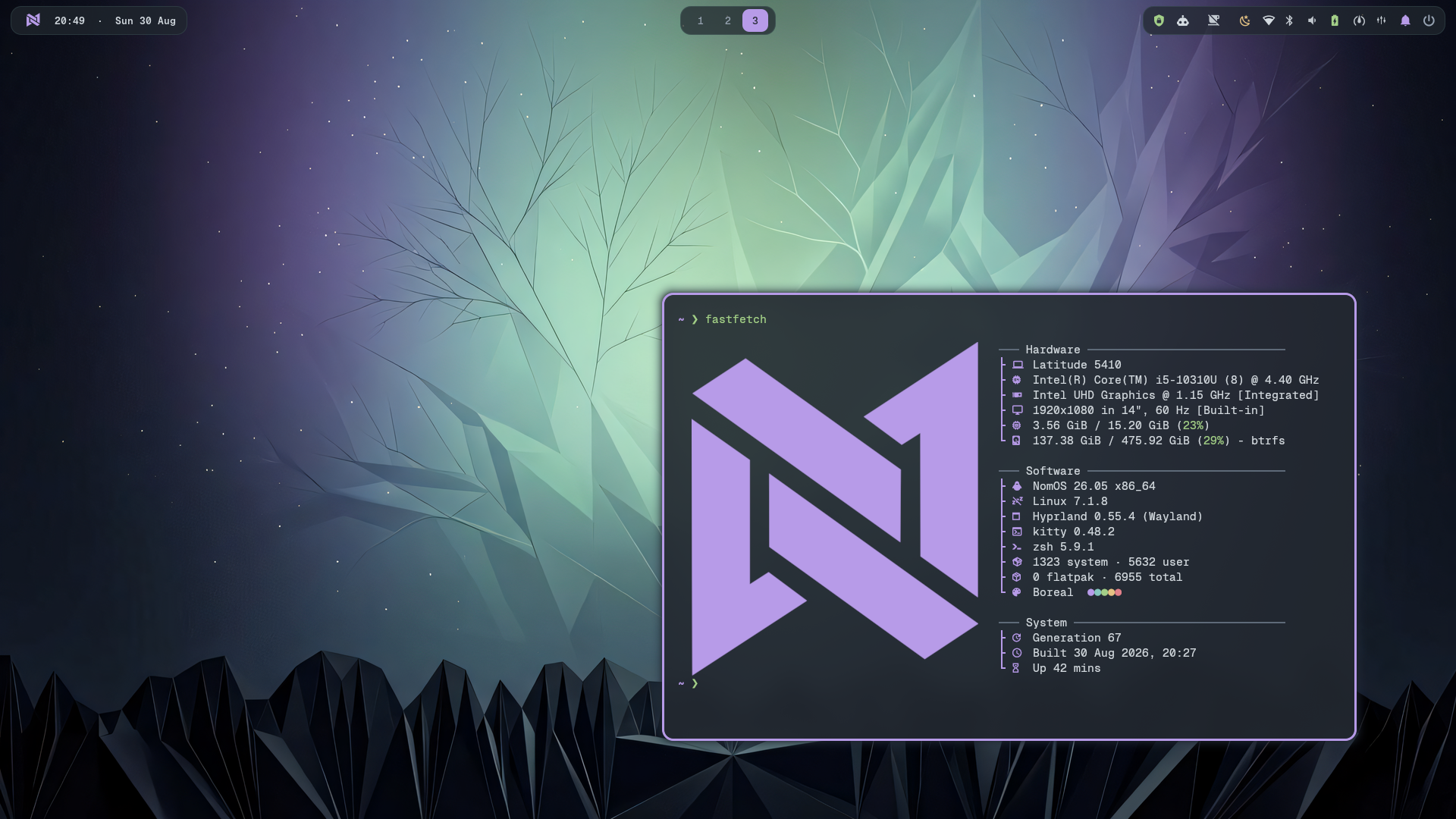NomOS desktop using the Boreal theme with a terminal showing system information